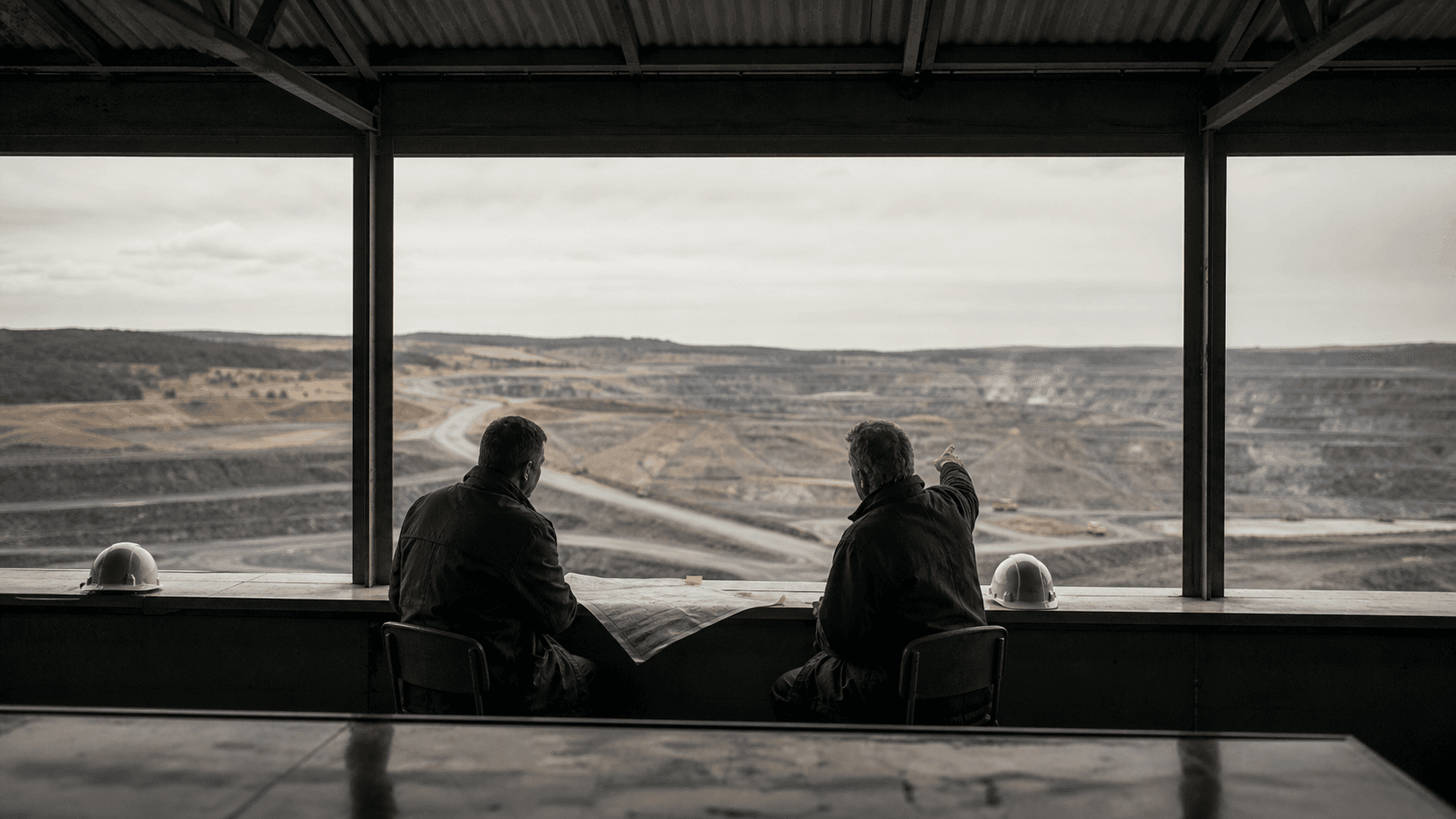 Two experienced mining professionals in a quiet conversation overlooking an operating mine