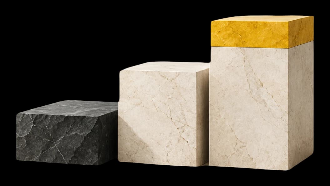 Ascending basalt and limestone blocks with a fitted yellow cap, representing the right next career move.
