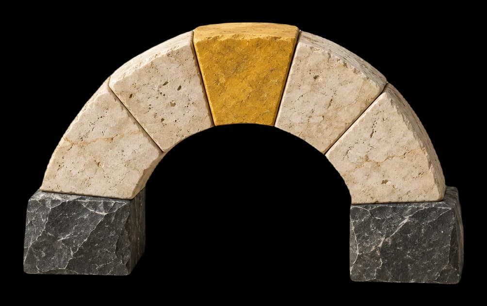 A yellow keystone holds a limestone arch on basalt foundations, representing a critical leadership appointment.