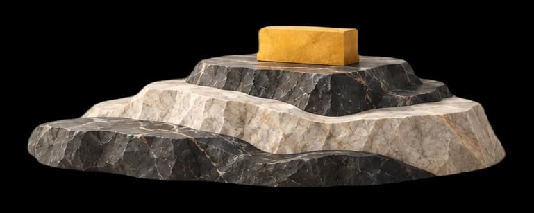 Layered limestone and basalt terrain with a single yellow block marking a focused opportunity