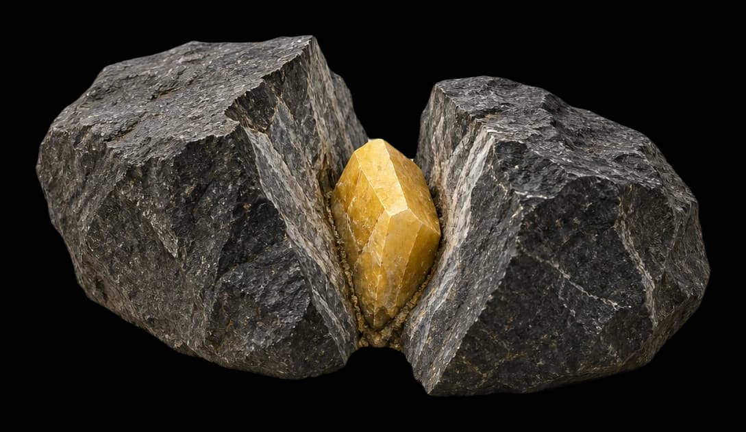 A rare yellow mineral is revealed between two solid basalt forms, representing the search for specialist talent.