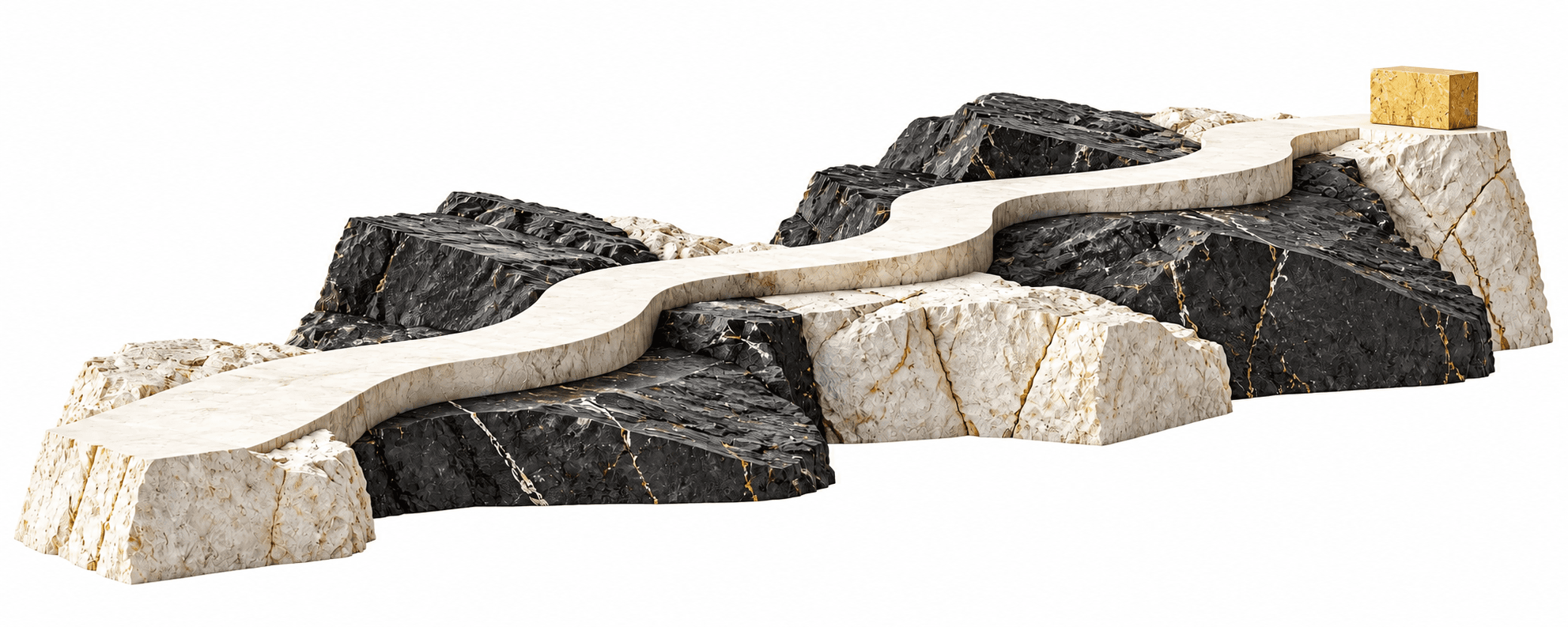 A limestone path crosses layered basalt terrain toward a yellow stone marker.